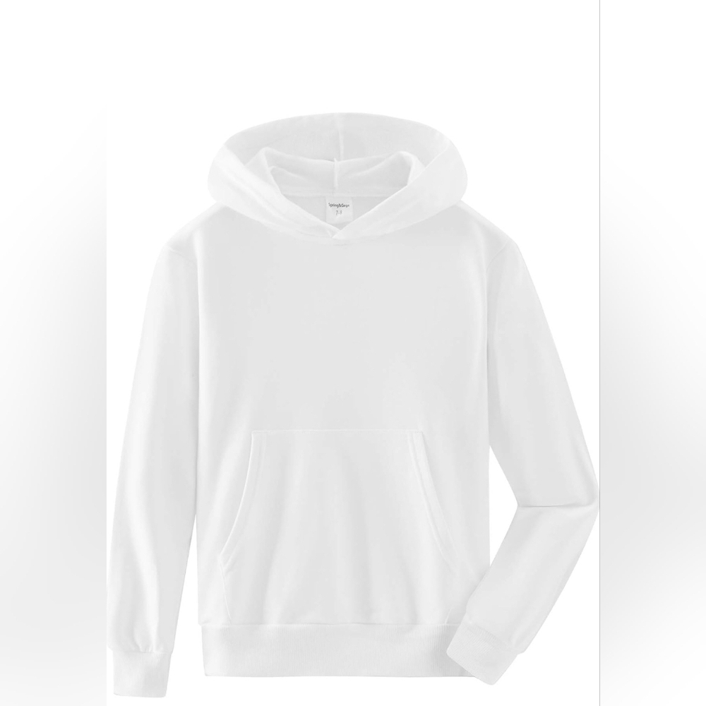 Solid Classic White Hooded Soft Pullover Sweatshirt Children Stretch Cuff & Hem